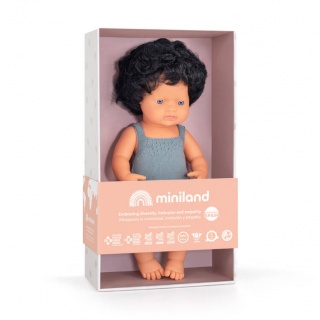 Lalka chłopiec Colourful Edition Miniland Doll - Europejczyk Czarne Kręcone Włosy 38cm