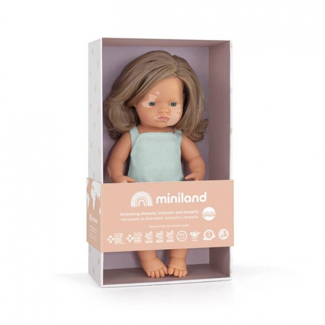 Lalka dziewczynka Colourful Edition Miniland Doll - Europejka ciemny blond z bielactwem 38cm