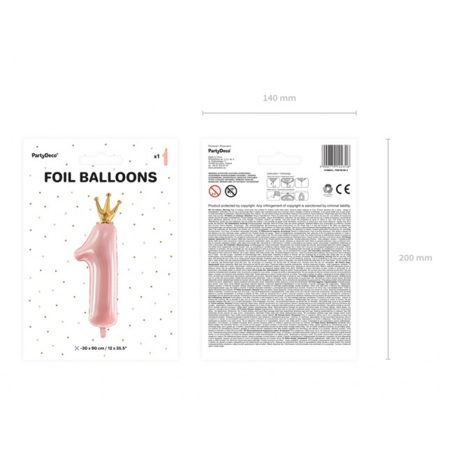 Balon foliowy Party Deco 30 x 90 cm - Cyfra 1 jasny różowy